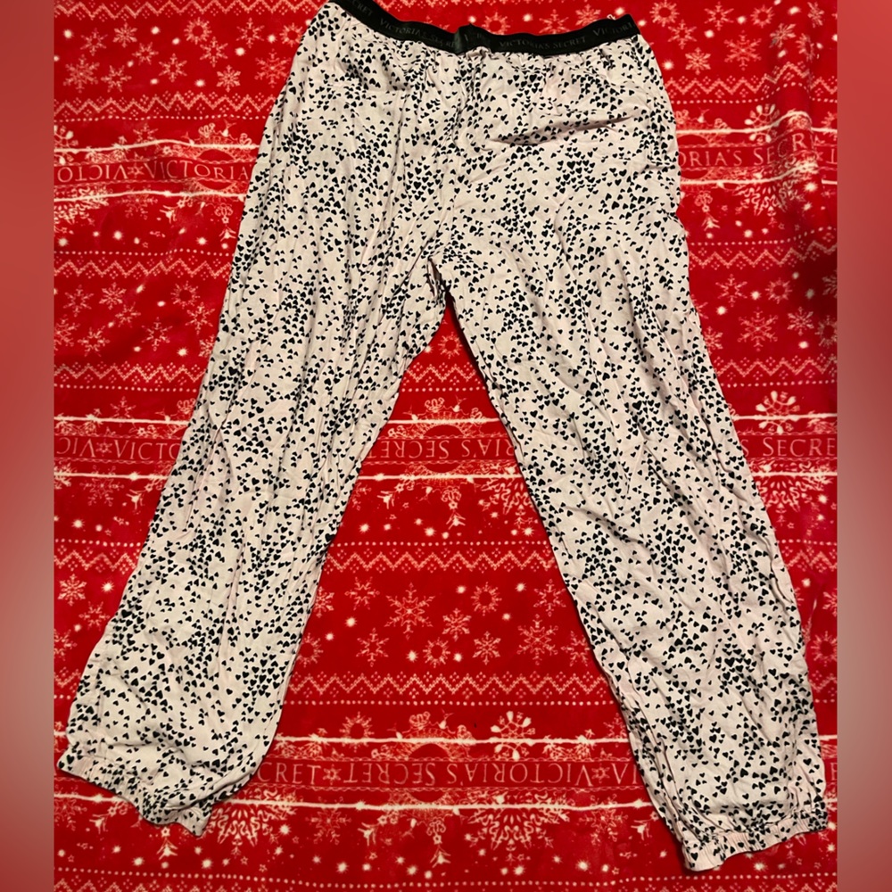 Victoria’s Secret Pj pants, lightly worn, black heart designs